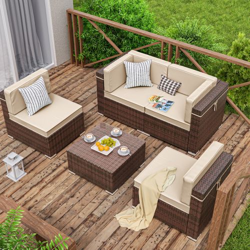 ELPOSUN 7 Pieces Patio Furniture Set All Weather Outdoor Sectional Sofa, Outdoor Modern Sectional Furniture Wicker Couch with Glass Coffee Table