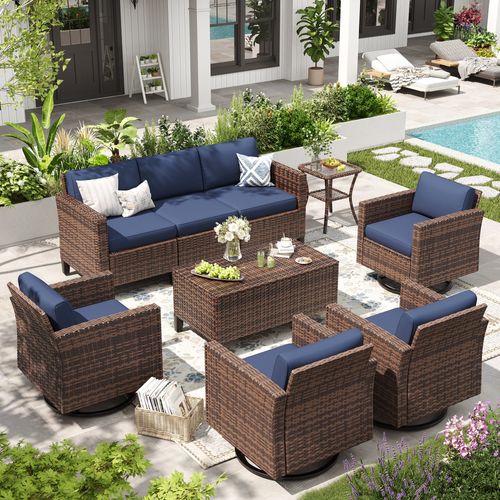 ELPOSUN Patio Furniture 10 Peces Wicker Outdoor Sectional Sofa Sets, Rattan Conversation Set with Storage Table, Swivel Chairs for Backyard, Pool, Nav