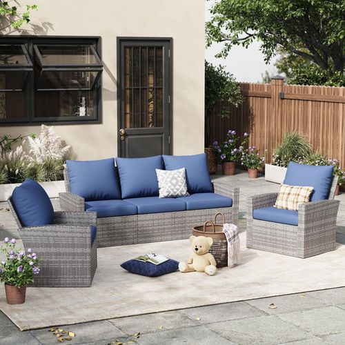 ELPOSUN Wicker Patio Furniture Set, 5 Piece Outdoor Sectional Conversation Sets, Gray PE Rattan Patio Sofa Set for Balcony, Porch, Backyard, Blue