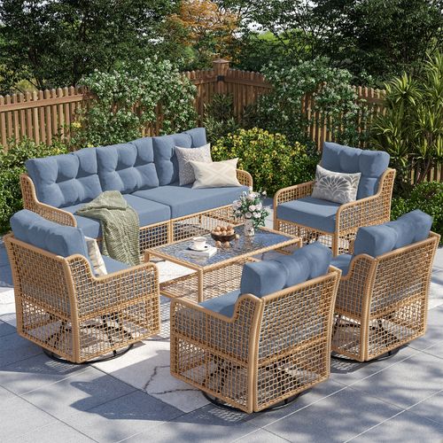 ELPOSUN 7-Seat Outdoor Patio Furniture Set, Wicker Rattan Outdoor Furniture Set with Swivel Chairs & All-Weather Thickened Cushions for Garden, Porch,
