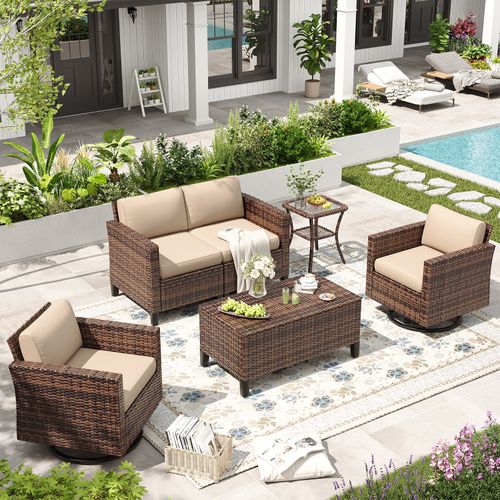 ELPOSUN Outdoor Patio Furniture Set,Rattan outdoor Conversation Set,6 Pieces Wicker Rattan Sectional Furniture with Rocking Swivel Chair for Backyard,
