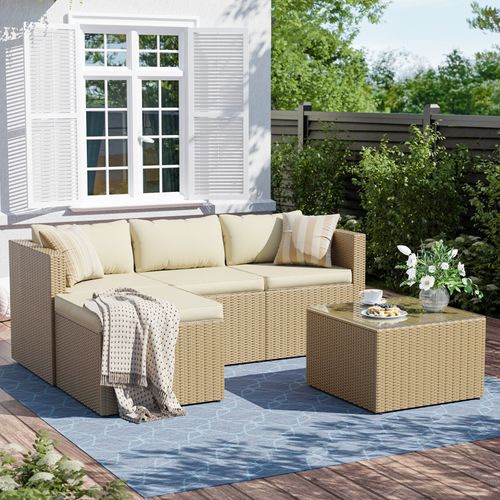 ELPOSUN 3-Piece Patio Furniture Conversation Set, All-Weather Wicker Outdoor Sectional Sofa Set with Table & Cushions, Beige