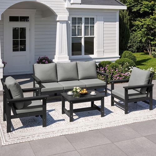 ELPOSUN 6-Peice Patio Furniture Set ,  HDPE Patio Outdoor Conversation Set, All Weather Outdoor Couch Set with Coffee Table, Black Frame with Grey Cus