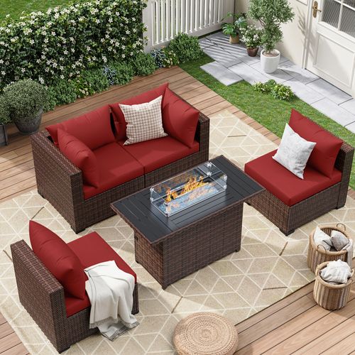 ELPOSUN 5 Pieces Patio Furniture Set All Weather Outdoor Sectional Sofa, Outdoor Modern Sectional Furniture Wicker Couch with Fire Pit Table, Thicken