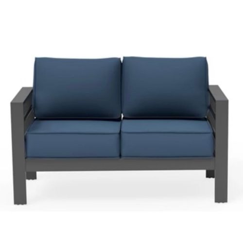 ELPOSUN Patio Furniture Aluminum Loveseat, All-Weather Outdoor 2 Seats Sofa Couch, Modern Metal Chair w/ 5 Inch Cushions, White and Light Grey (Includ
