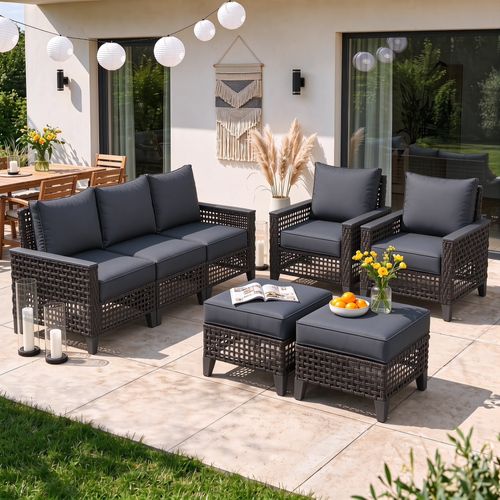 ELPOSUN 5-Piece Patio Furniture Set, All-Weather Open-Weave Wicker Outdoor Conversation Set, Thick Waterproof Cushions, for Garden and Backyard, Gray