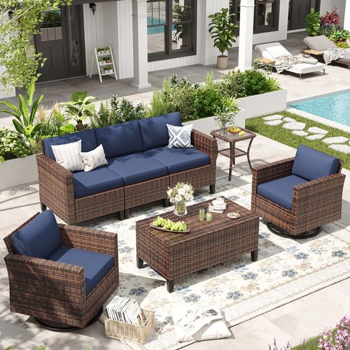ELPOSUN Patio Furniture 7 Pieces Wicker Outdoor Sectional Sofa Sets, Rattan Conversation Set with Storage Table, Swivel Chairs for Backyard, Pool, Nav