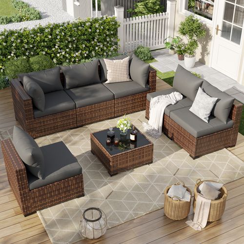 ELPOSUN 7 Pieces Patio Furniture Set All Weather Outdoor Sectional Sofa, Outdoor Modern Sectional Furniture Wicker Couch with Glass Coffee Table, Thic