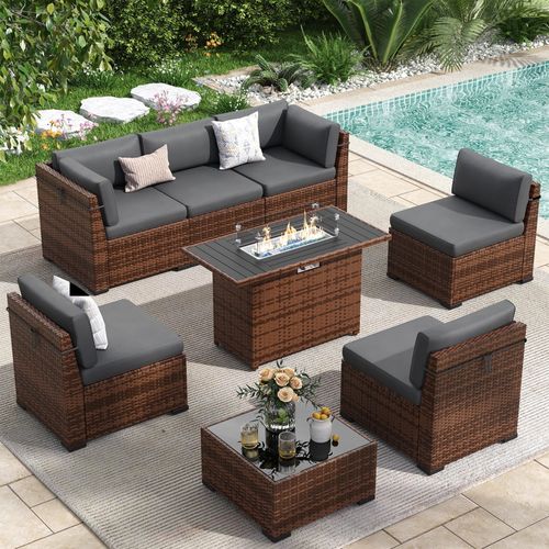 Poteban 8 Pieces Outdoor Patio Furniture Set with 44" Fire Pit Table, Brown Wicker Rattan Sectional Sofa with Cushions and Glass Coffee Table for Back