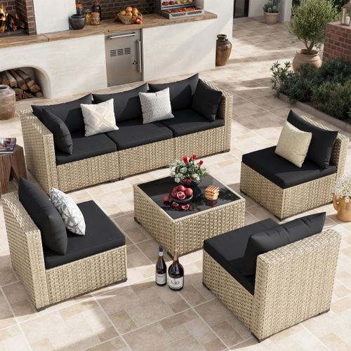 POTEBAN Patio Furniture Set, 7-Piece Outdoor Sectional All-Weather Wicker Patio Conversation Set for Backyard (Black Cushions with Gray Rattan)