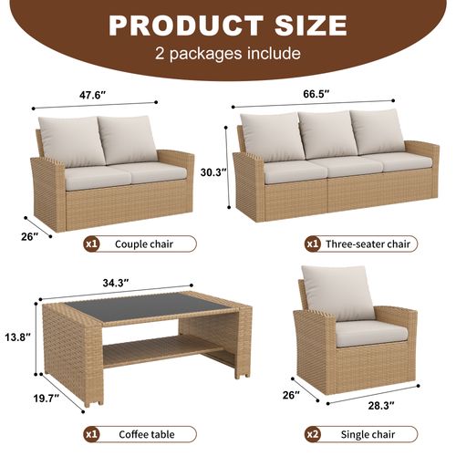POTEBAN 6 Piece Outdoor Brown Wicker Patio Furniture Set, Modern PE Rattan Sectional Sofa Couch with Gray Cushions