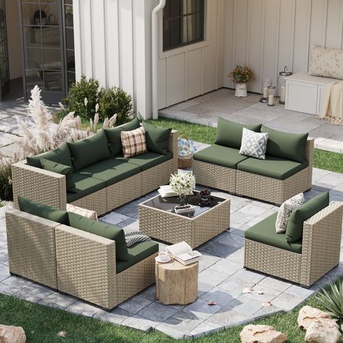 POTEBAN 9 Pieces Outdoor Patio Furniture Set, Grey Rattan Wicker Conversation Sectional Sofa Set with Cushions for Backyard. Green