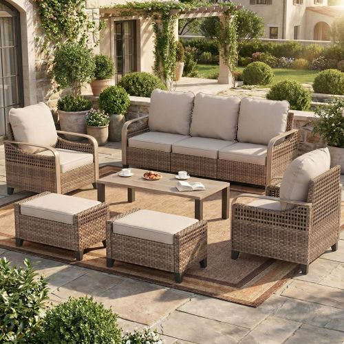 Poteban Outdoor Patio All Weather Wicker Furniture Sets,with Coffee Table, Sofa, Conversation Sets and Ottoman,for Pool, Backyard, Garden, 8 Pieces
