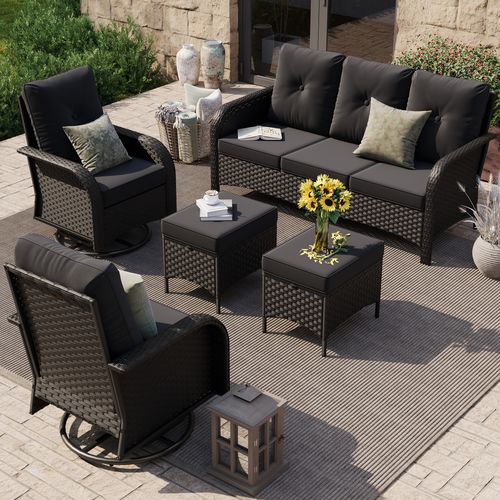POTEBAN 5-Piece Black PE Rattan Patio Furniture Set with All-Weather Swivel Rocker Chair Outdoor, and Gray Cushions