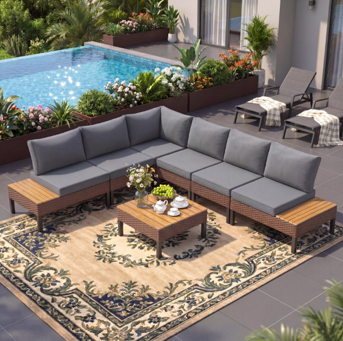 Poteban 7-piece Rattan Outdoor Patio Sofa Set,L-Shaped Sectional Sofa Couch with Coffee Table for Backyard,Lawn,Garden,Dark Grey
