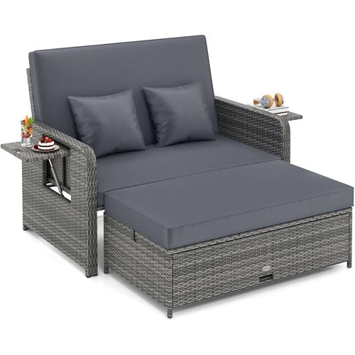 POTEBAN Wicker Outdoor Daybed-Outdoor Loveseat with Storage Ottoman, 4-Level Adjustable Backrest & Cushions for Balcony, Garden, Poolside (Gray)
