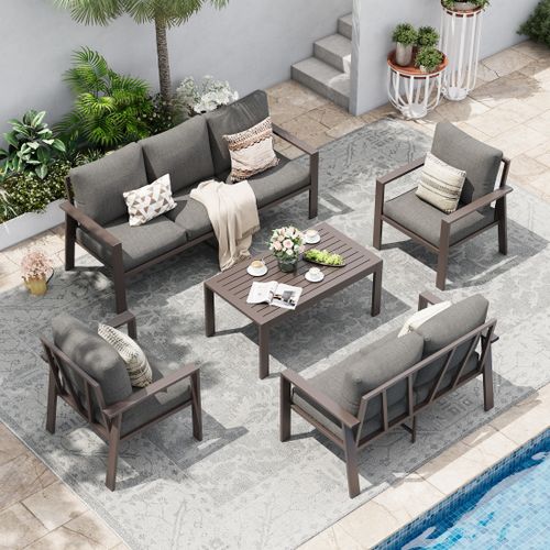 POTEBAN Aluminum Patio Furniture Set, Modern Metal Outdoor Sectional Sofa, Patio Conversation Sets with Side Table for Poolside, courtyard,Grey