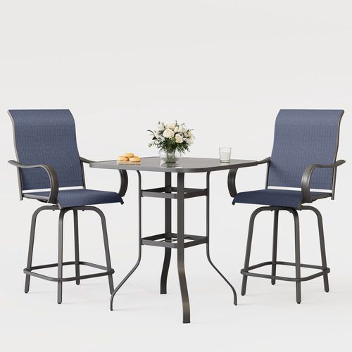 POTEBAN Outdoor Bar Height Set of 3, Patio Swivel High Back Bar Stools Chairs with Bar Table for Backyard, Lawn, Balcony and Pool，Navy