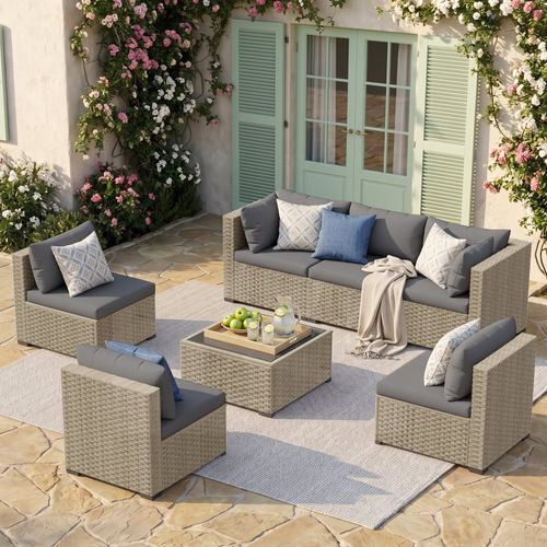 POTEBAN 7 Piece Outdoor Patio Furniture Set, Grey Rattan Wicker Outdoor Conversation Sectional Sofa Set with Cushions for Backyard, Gray