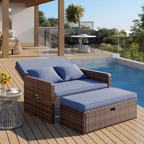 POTEBAN Wicker Outdoor Daybed-Outdoor Loveseat with Storage Ottoman, 4-Level Adjustable Backrest & Cushions for Balcony, Garden, Poolside (Blue)