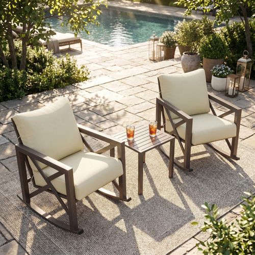 POTEBAN 3-Piece Metal Patio Rocking Chair Set, Heavy Duty 350 lbs Capacity Outdoor Bistro Furniture Set with 2 Rockers