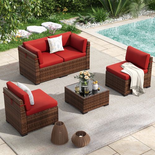 Poteban 5 Pieces Outdoor Sectional Sofa Set , PE Wicker Rattan Slanted Back Outdoor Conversation with Cushions and Glass Coffee Table for Backyard Gar