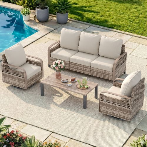 Poteban Outdoor Patio All Weather Wicker Furniture Sets,with Coffee Table, Sofa, Swivel Rocking Chair and Ottoman,for Pool, Backyard, Garden, 6 Pieces