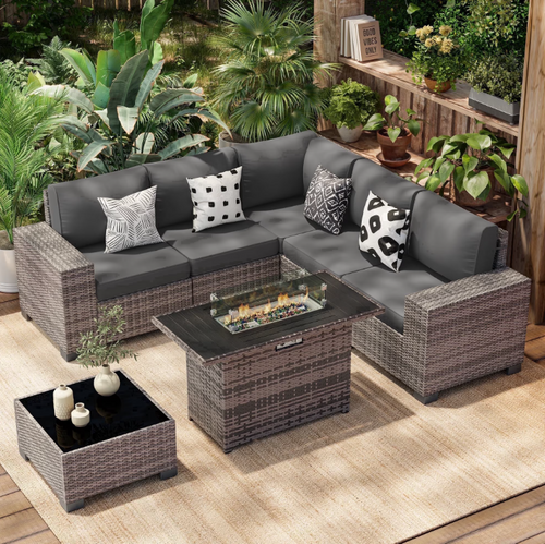 Poteban Outdoor Sectional with Fire Pit Table, 8 Inch Armrest Patio Furniture Set for Garden Backyard, 4'' Thickened Cushion,Grey&Grey
