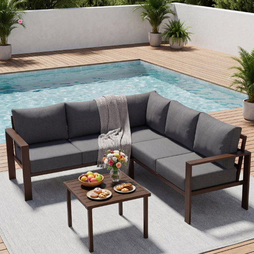 Poteban 6-Piece L-Shaped Outdoor Conversation Set, Wide Armrests & Coffee Table, Grey for Garden Backyard