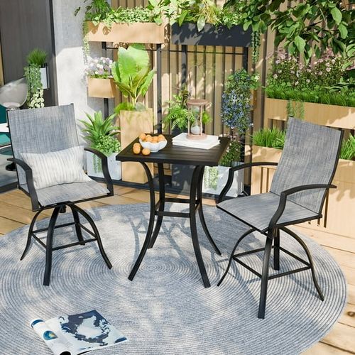 POTEBAN 3-piece Outdoor Swivel Bar Stool Set，2 Patio Metal High Back And Armrest Bar chairs With Bar Table for Backyard,Lawn Garden,Balcony,Pool