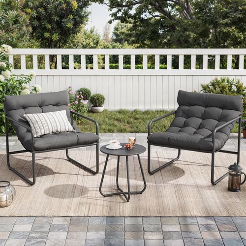 Poteban Outdoor Bistro Sets, 3 Piece Patio Chairs with Padded Cushions Patio Bistro Furniture Set with Side Table for Porch, Balcony, Backyard