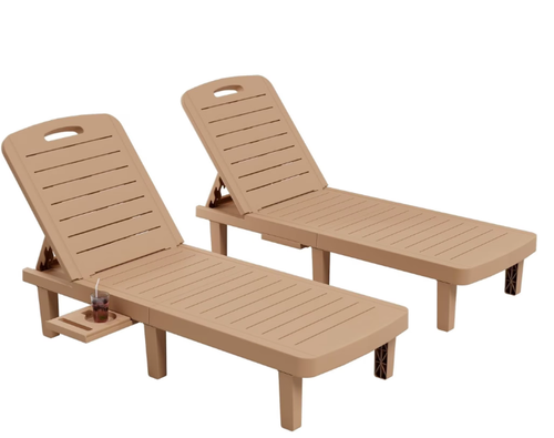Poteban 2-Piece 5-Position Outdoor Lounge Chairs, All-Weather Resin Chaise Lounge Set with Cup Holder for Pool, Patio, Wood Tone