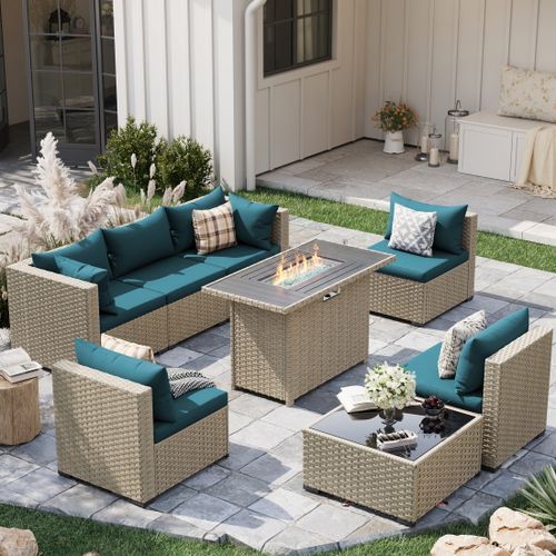 POTEBAN Outdoor Patio Furniture Set with Fire Pit Table, 8 Piece Outdoor Sectional Sofas, All-Weather Wicker Patio Conversation Set for Garden, Peacoc