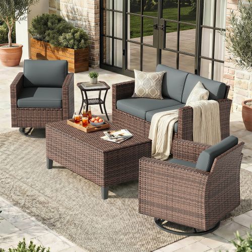 Poteban Patio Set, 6 Pieces Outdoor Furniture Sets with Rocking Swivel Chairs, Wicker Rattan, Waterproof Covers for Backyard