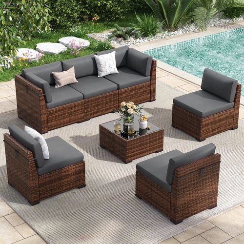 Poteban 7 Pieces Outdoor Sectional Sofa Set , PE Wicker Rattan Slanted Back Outdoor Conversation with Cushions and Glass Coffee Table for Backyard Gar