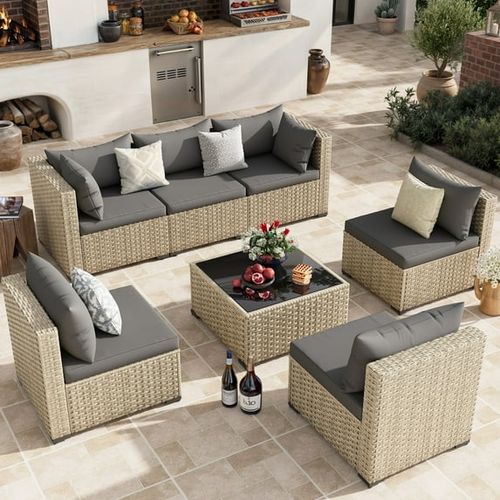 POTEBAN Patio Furniture Set, 7-Piece Outdoor Sectional All-Weather Wicker Patio Conversation Set for Backyard (Gray Cushions with Gray Rattan)