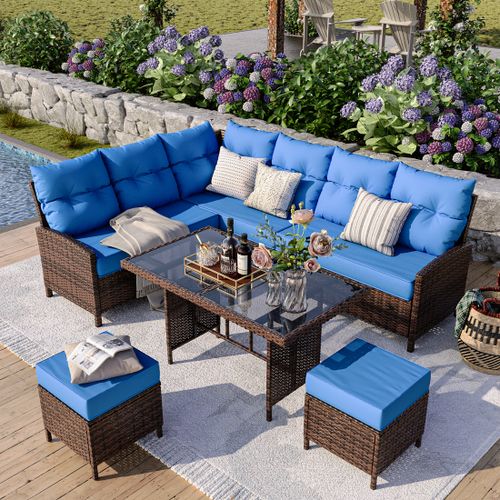 POTEBAN Outdoor Rattan 7-Piece Dining Set, Sectional Sofa Couch with Table & Chairs, All-Weather Conversation Set for Deck, Backyard,Blue