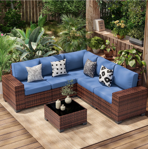 Poteban Patio Furniture Set 6 PCS Outdoor Sectional Conversation Sets Featuring Widen Wicker Armrests and High Back,Brown&Blue