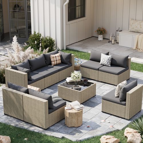 POTEBAN 9 Pieces Rattan Outdoor Patio Conversation with Coffee Table and Sofa, Sectional Sofa Set with Cushions for Backyard, Gray