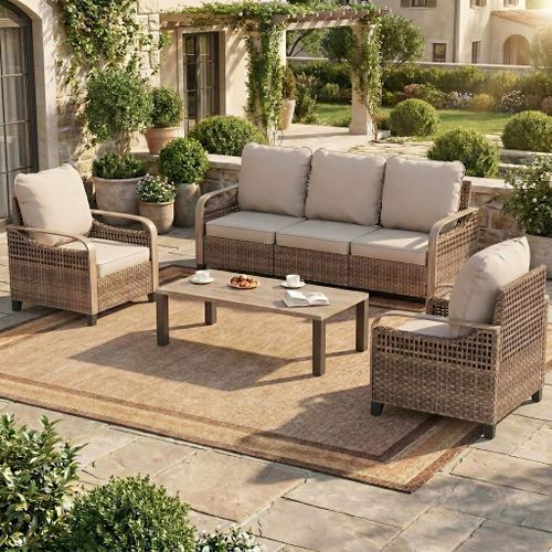Poteban Outdoor Patio All Weather Wicker Furniture Sets,with Coffee Table, Conversation Sets and Ottoman,for Pool, Backyard, Garden, 6 Pieces