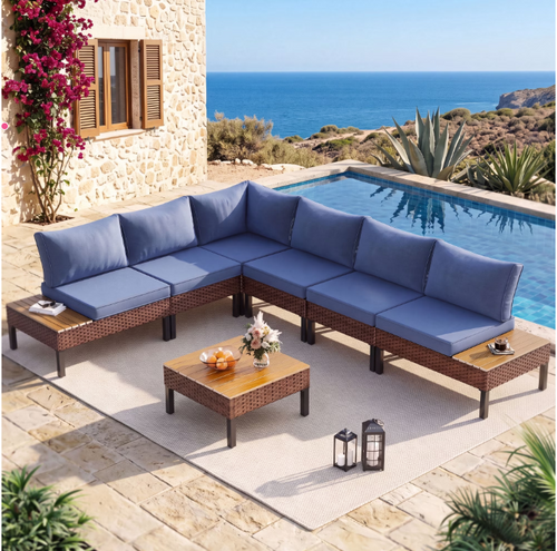 Poteban 7-piece Outdoor Patio Furniture Set with Modular Sofa, L-Shaped Sectional Sofa Couch with Coffee Table for Backyard,Lawn,Garden,Navy Bluei