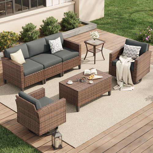 POTEBAN Patio Set, 7 Pieces Outdoor Furniture Sets with Rocking Swivel Chairs, Wicker Rattan, Waterproof Covers for Backyard