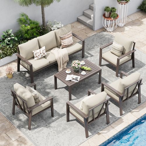 POTEBAN Aluminum Patio Furniture Set, Modern Metal Outdoor Sectional Sofa, Patio Conversation Sets with Side Table for Poolside, courtyard,Khaki