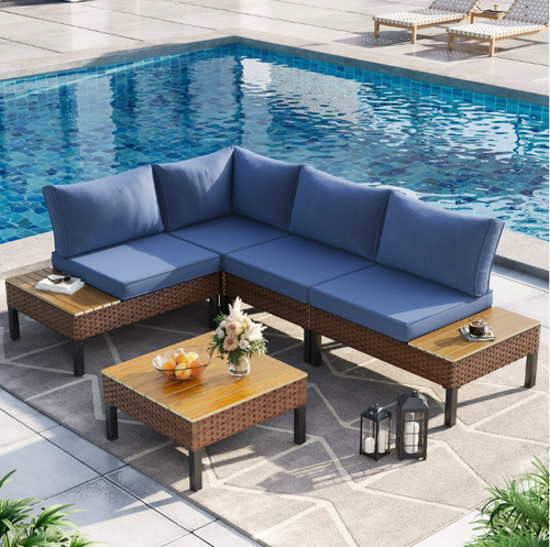 Poteban 5-piece Rattan Outdoor Patio Sofa Set,L-Shaped Sectional Sofa Couch with Coffee Table for Backyard,Lawn,Garden,Navy Blue