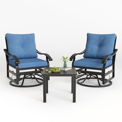 POTEBAN Outdoor Swivel Rocker Chairs, 3 Piece Metal Patio Rocking Chairs with Padded Cushions Patio Bistro Furniture Set with Side Table Blue