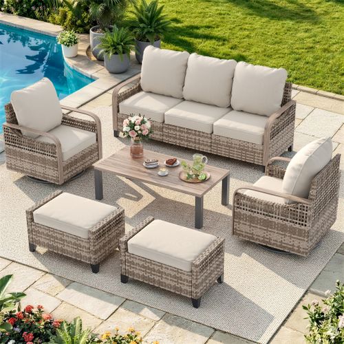 Poteban Outdoor Patio All Weather Wicker Furniture Sets,with Coffee Table, Sofa, Swivel Rocking Chair and Ottoman,for Pool, Backyard, Garden, 8 Pieces