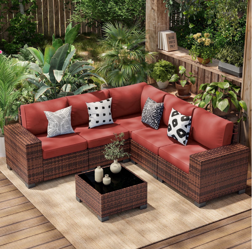 Poteban Patio Furniture Set 6 PCS Outdoor Sectional Conversation Sets Featuring Widen Wicker Armrests and High Back,Brown&Red