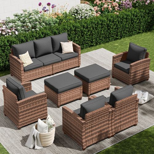 POTEBAN Patio Furniture Set, 7 Pieces Outdoor Sectional Sofa Couch with Chairs, Ottomans and Comfy Cushions, All Weather Wicker Rattan Patio Conversat