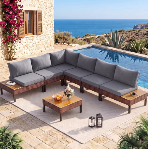 Poteban 7-piece Outdoor Patio Furniture Set with Modular Sofa,L-Shaped Sectional Sofa Couch with Coffee Table for Backyard,Lawn,Garden,Dark Grey