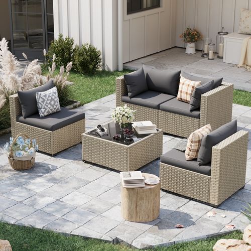 POTEBAN 5 Pieces Outdoor Patio Furniture Set, Outdoor Wicker Patio Conversation Set with Cushions for Backyard, Porch, Garden(Gray)